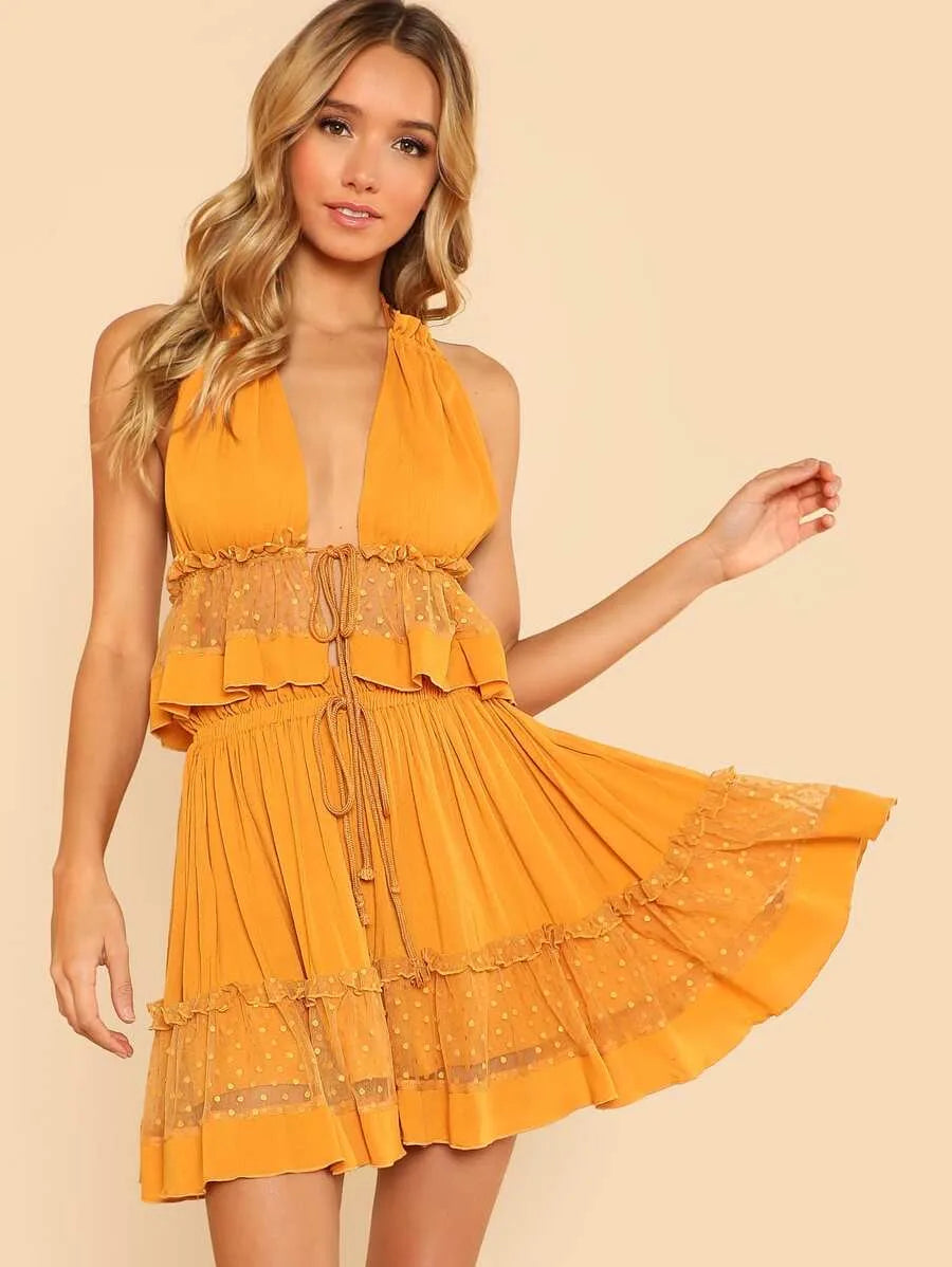 Dot Mesh Insert Crop Top & Frill Detail Shorts Set Periwinkley Shop