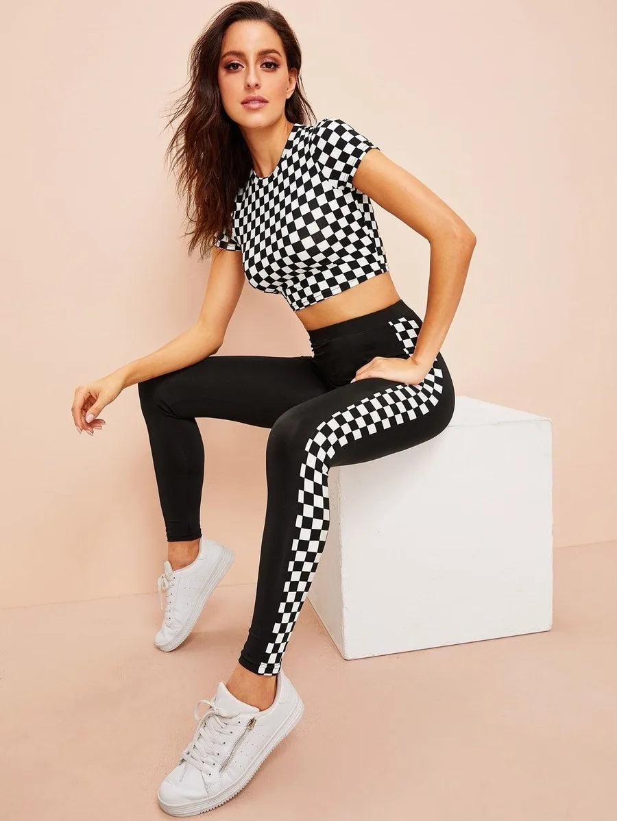 Checkered tee & high waist leggings set Periwinkley Shop