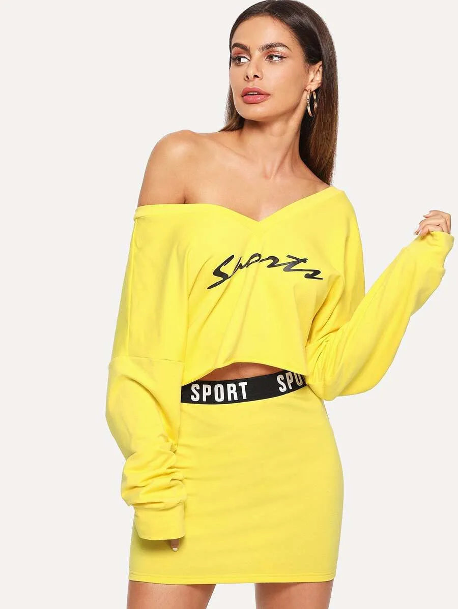 Letter Graphic V Neck Top & Skinny Skirt Set Periwinkley Shop