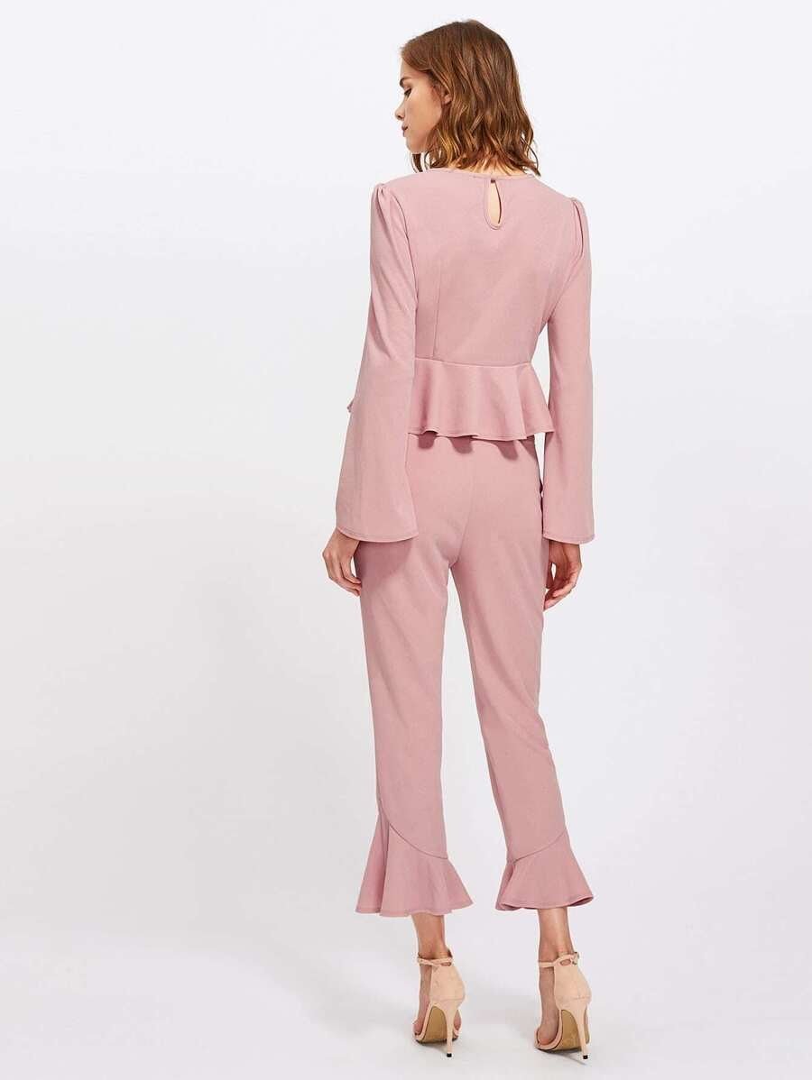 Bell Sleeve Peplum Top And  Ruffle Pants Set Periwinkley Shop