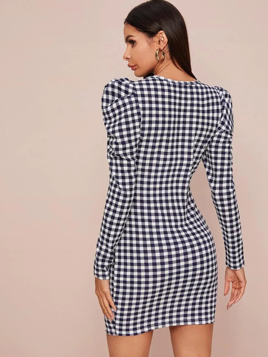 Gigot Sleeve Gingham Bodycon Dress Periwinkley Shop