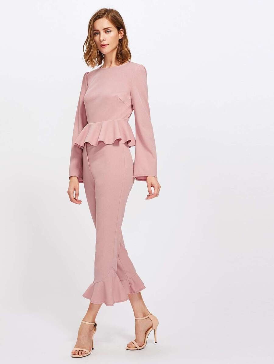Bell Sleeve Peplum Top And  Ruffle Pants Set Periwinkley Shop