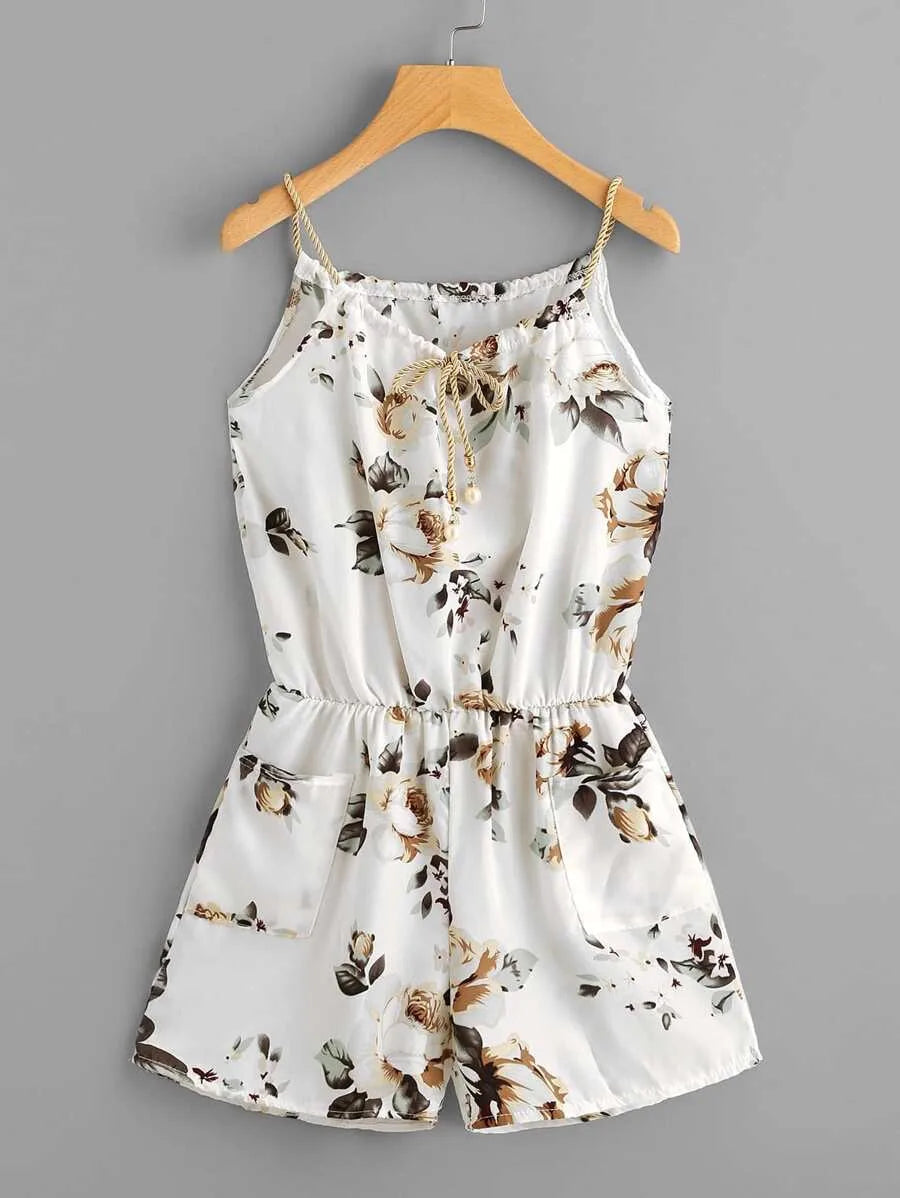 Floral Print Random Self Tie Neck Cami Romper Periwinkley Shop
