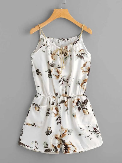 Floral Print Random Self Tie Neck Cami Romper Periwinkley Shop
