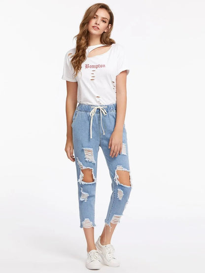 Destroyed Raw Hem Drawstring Waist Crop Boyfriend Jeans Periwinkley Shop