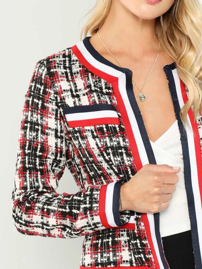 Contrast Tape Open Placket Tweed Coat Periwinkley Shop