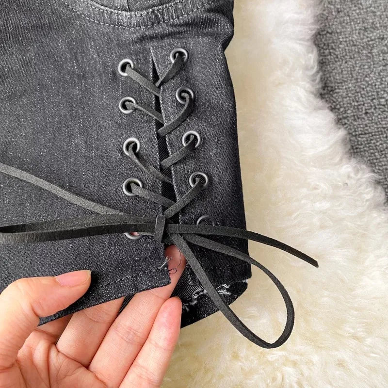 Two Piece Set Denim  Short Strapless Bra Top Retro Denim Shorts Periwinkley Shop