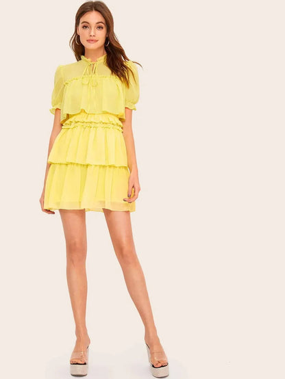 Tie Neck Frilled Trim Layered Ruffle Dress Periwinkley Shop