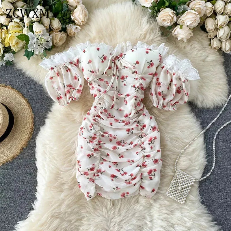 Lace Slash Neck Strapless  Puff Sleeve Flowers Short Dress Periwinkley Shop