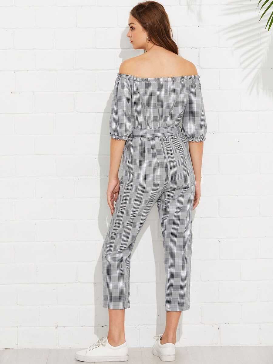 Off Shoulder Tie Waist Plaid Jumpsuit Periwinkley Shop