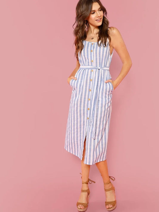 Button Through Self Belt Stripe Cami Dress Periwinkley Shop