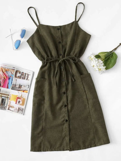 Single Breasted Drawstring Waist Pocket Side Dress Periwinkley Shop