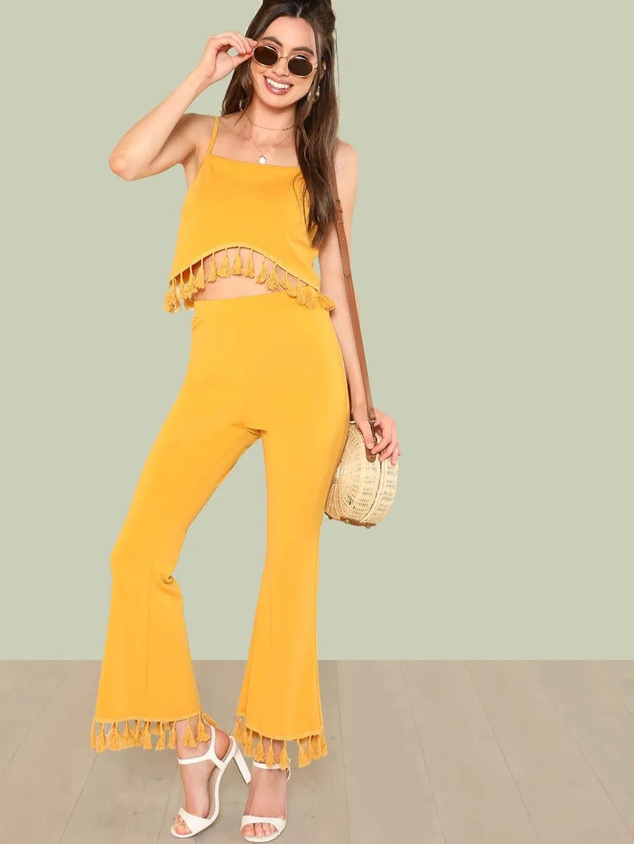 Tassel Detail Crop Cami Top & Pants Set - Yellow Periwinkley Shop