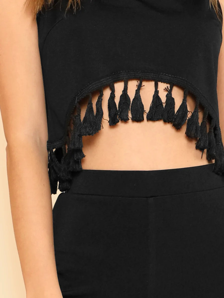 Tassel Hem Crop Top & Flare Pants Set Periwinkley Shop
