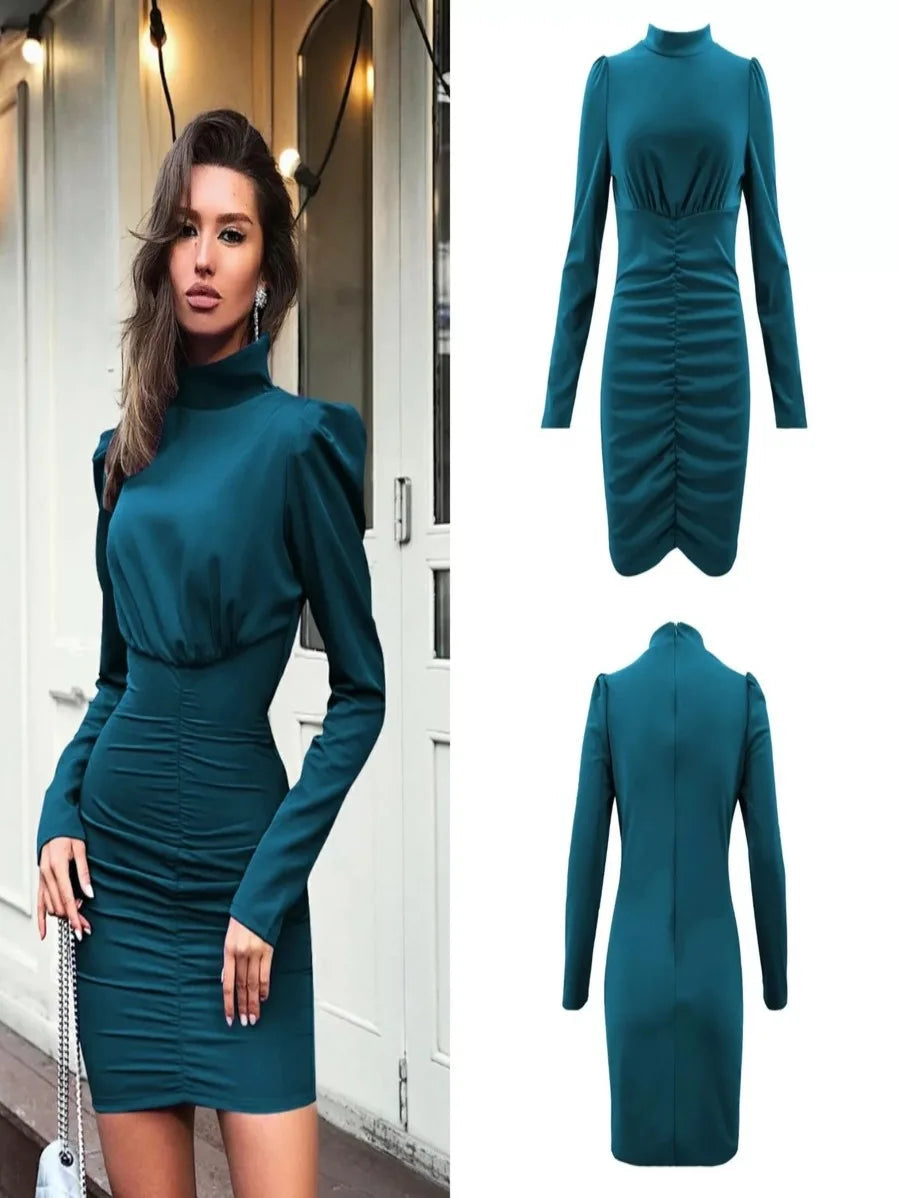 Turtleneck long sleeve hip pleated dress Periwinkley Shop