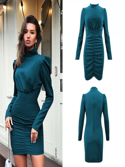 Turtleneck long sleeve hip pleated dress Periwinkley Shop