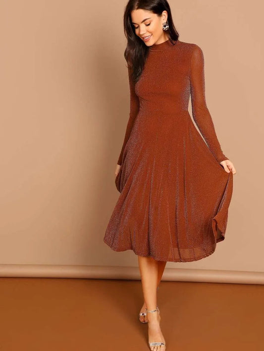 Button Keyhole Mock-neck Glitter Dress Periwinkley Shop