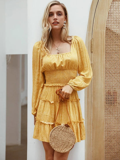 Simplee Dot Print Layered Frill Trim Shirred Dress Periwinkley Shop