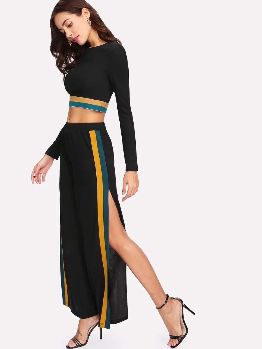 Striped Hem Crop Top & Split Side Palazzo Pants Set Periwinkley Shop