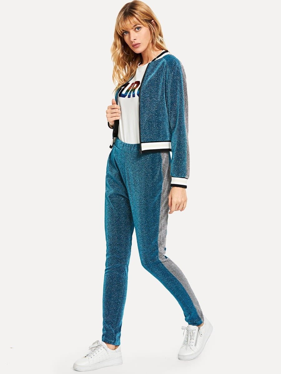 Contrast Trim Sparkle Jacket With Pants Periwinkley Shop