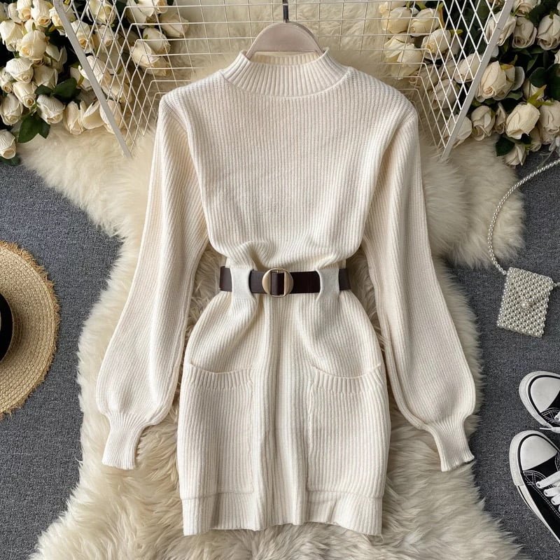 Guilantu Knitting Spring Autumn Turtleneck Puff Sleeve dress - White Periwinkley Shop