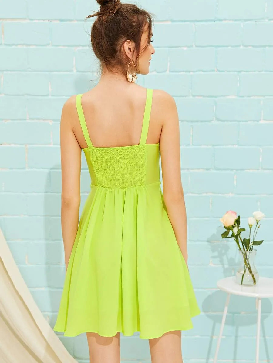 Neon Lime Shirred Back Fit & Flared Dress Periwinkley Shop
