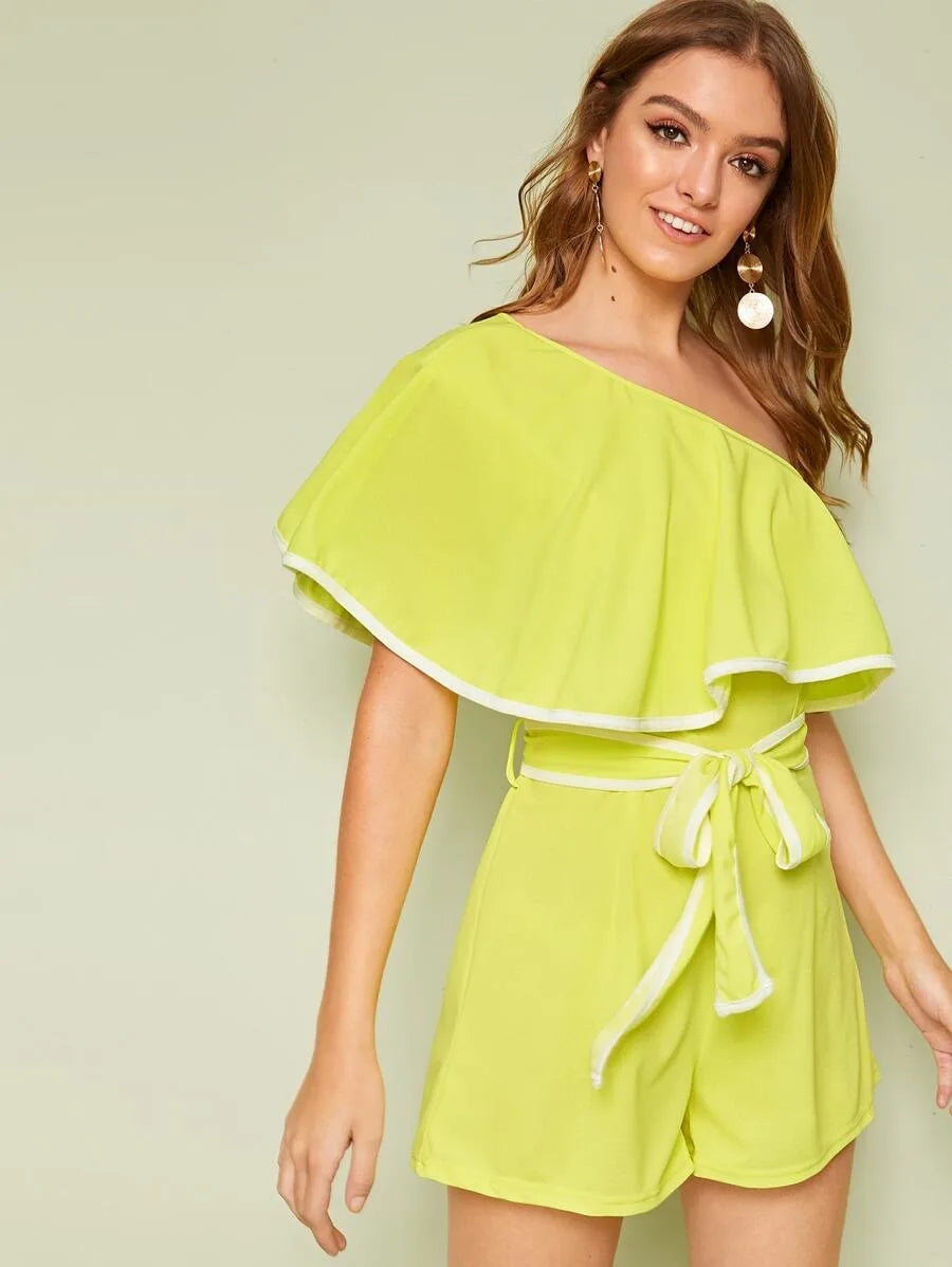 Asymmetrical Neck Contrast Binding Belted Romper Periwinkley Shop