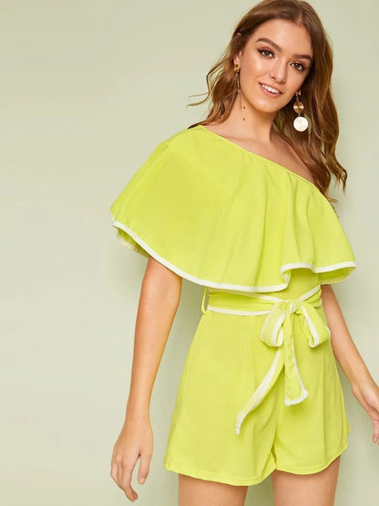 Asymmetrical Neck Contrast Binding Belted Romper Periwinkley Shop