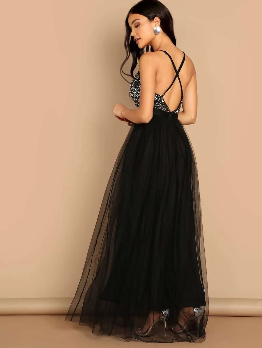 Sequin Top Cami Maxi Tulle Dress Periwinkley Shop