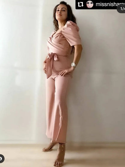 Gathered Sleeve Wrap Ruched Jumpsuit Periwinkley Shop