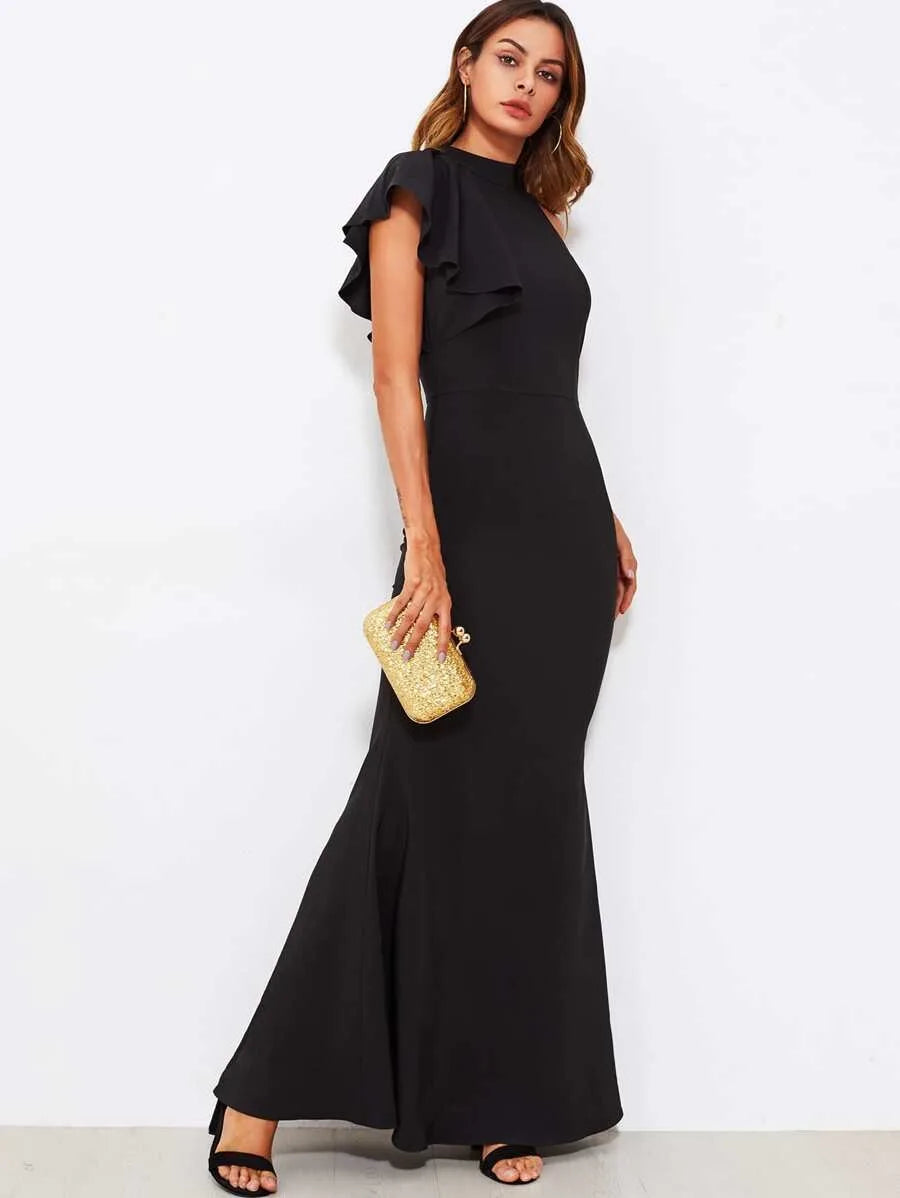 Ruffle Shoulder Fishtail Prom Dress Periwinkley Shop