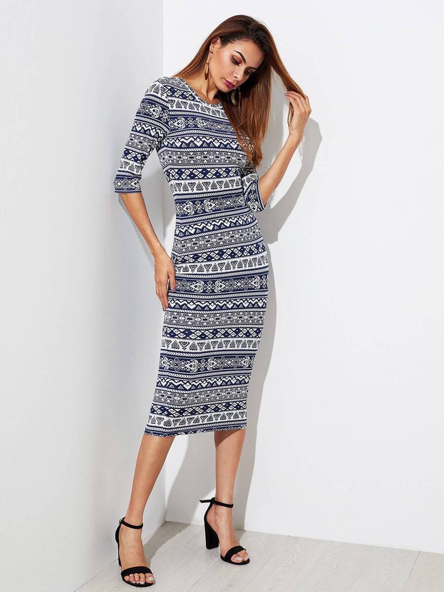 Tribal Print Form Fitting Dress Periwinkley Shop
