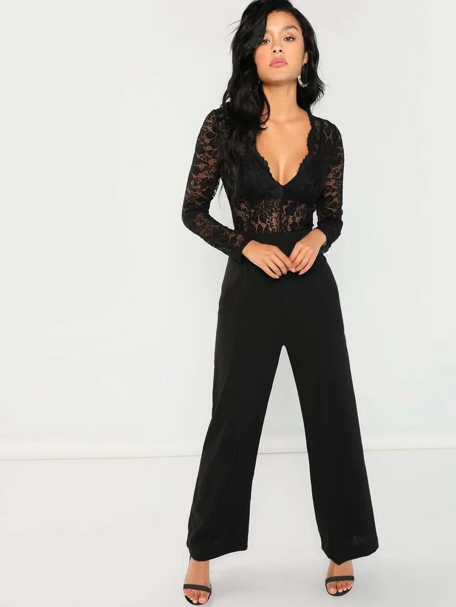 Plunging lace bodice jumpsuit Periwinkley Shop