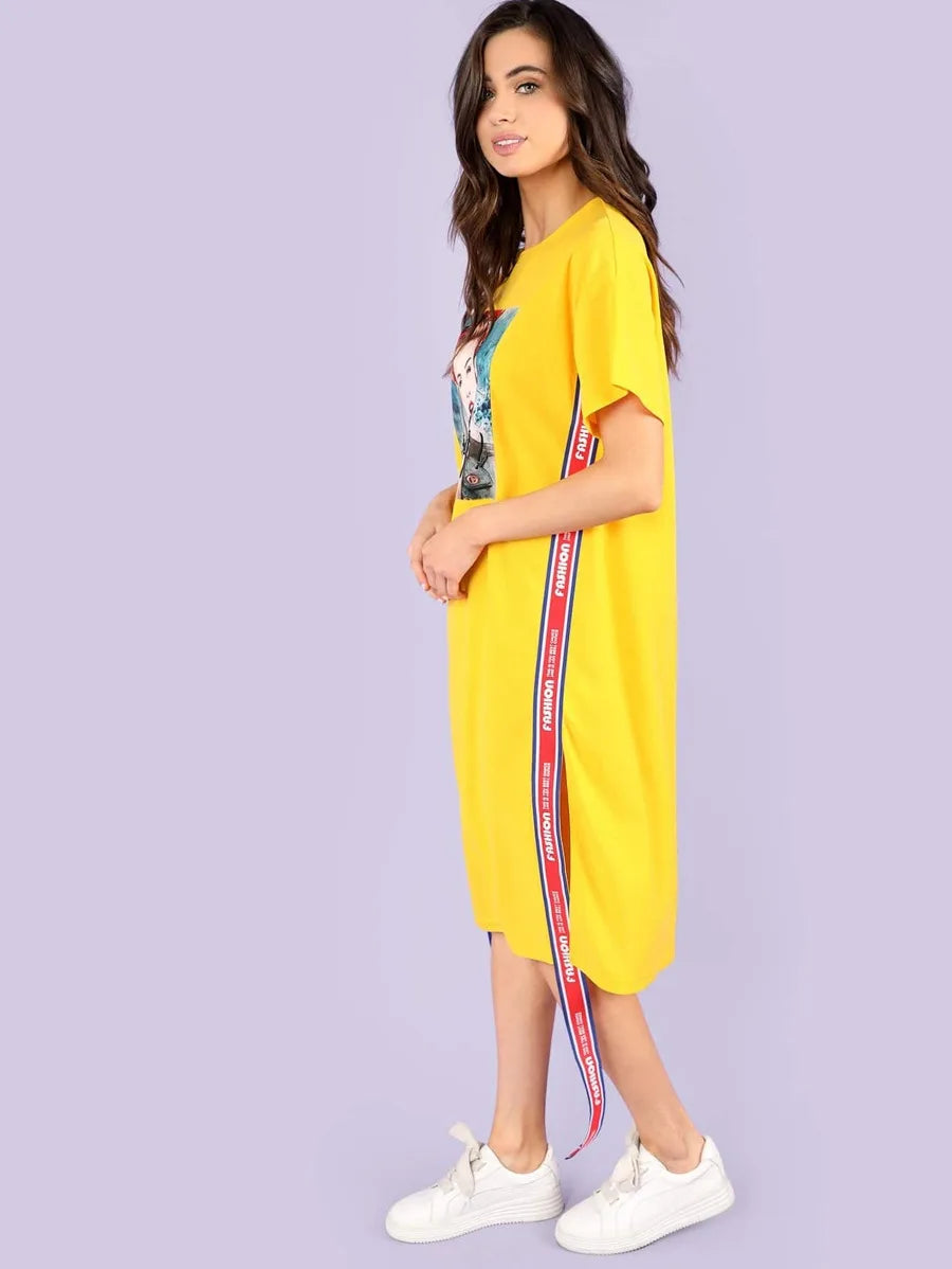 Figure Graphic Contrast Tape Side Slit Dress Periwinkley Shop