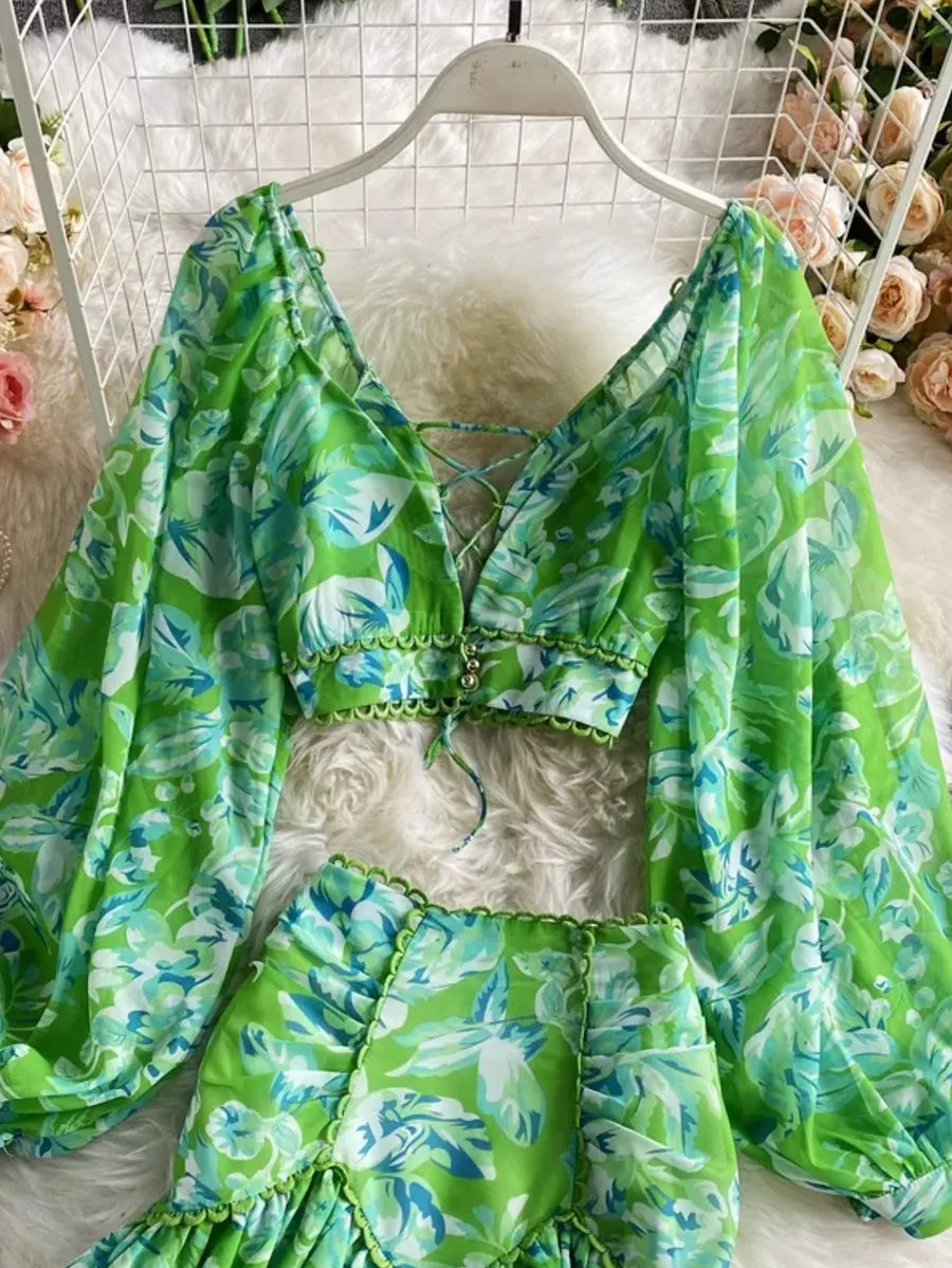 Floral print two piece set chiffon dress Periwinkley Shop