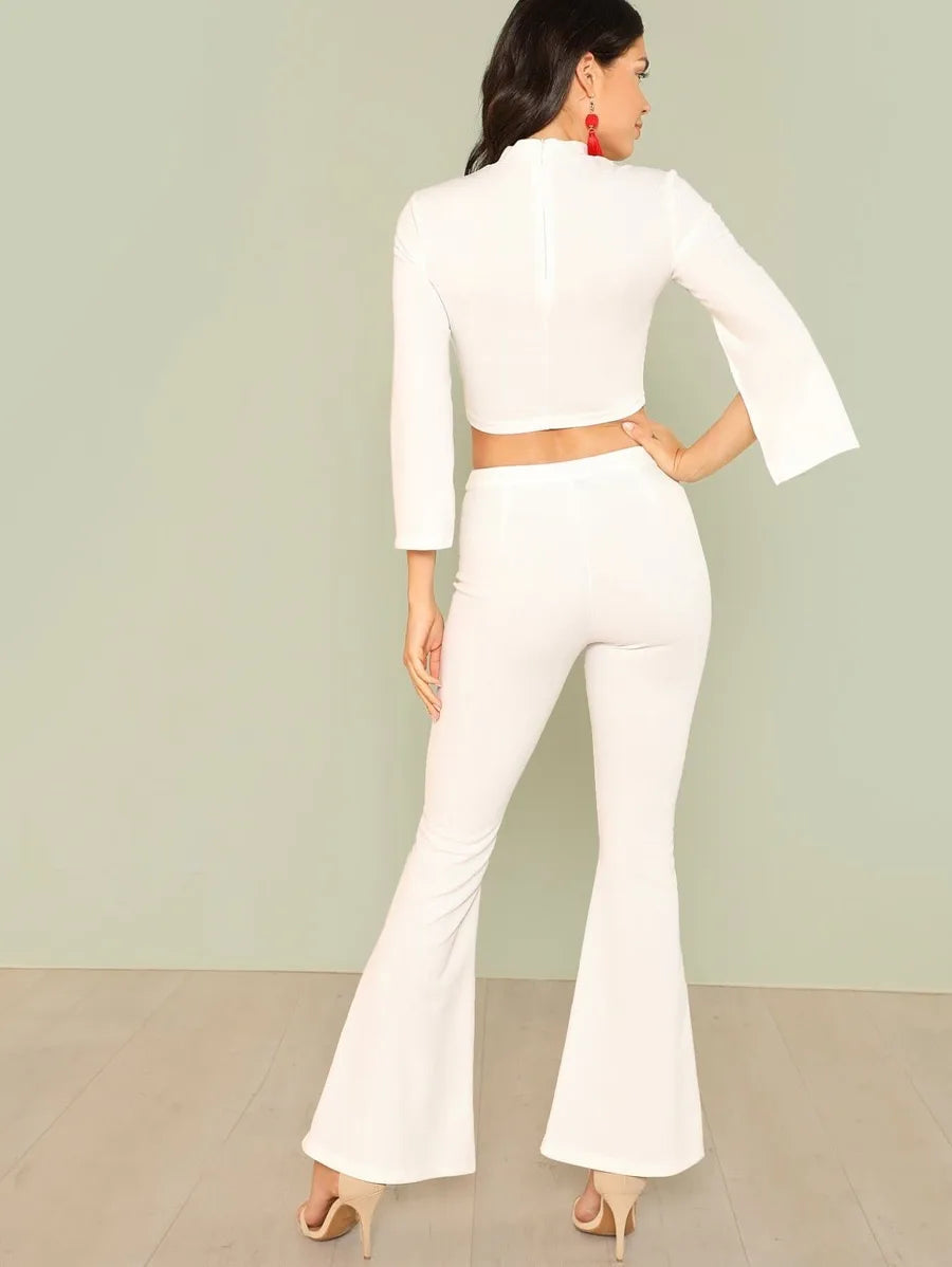 Mock Neck Solid Top & Flare Hem Pants Set Periwinkley Shop