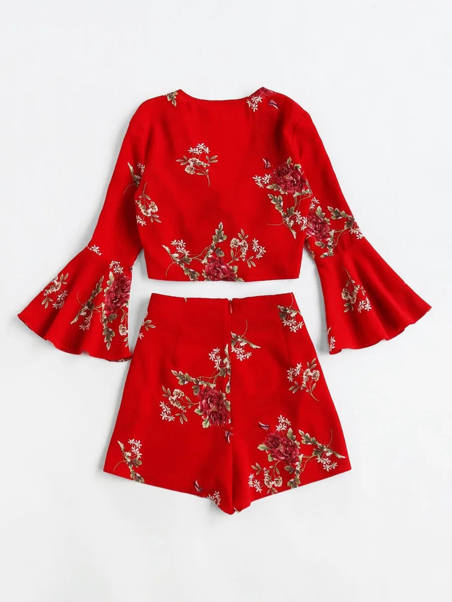 Bell Sleeve Lace Up Top With Shortss Periwinkley Shop