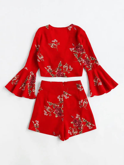 Bell Sleeve Lace Up Top With Shortss Periwinkley Shop