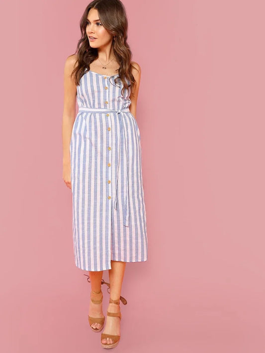 Button Through Self Belt Stripe Cami Dress Periwinkley Shop
