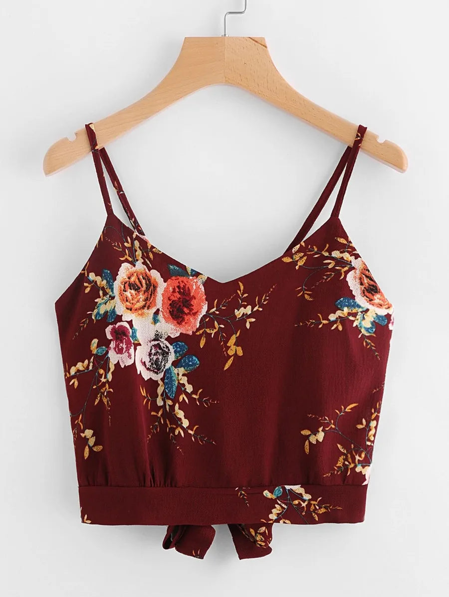 Floral Print Random Split Tie Back Cami Top Periwinkley Shop