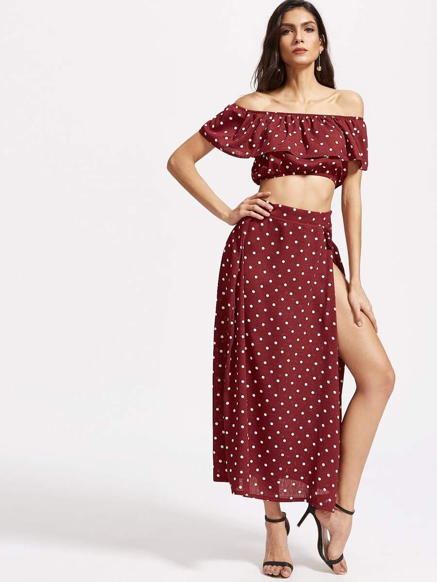 Textured Dot Ruffle Crop Top With split skirt Periwinkley Shop