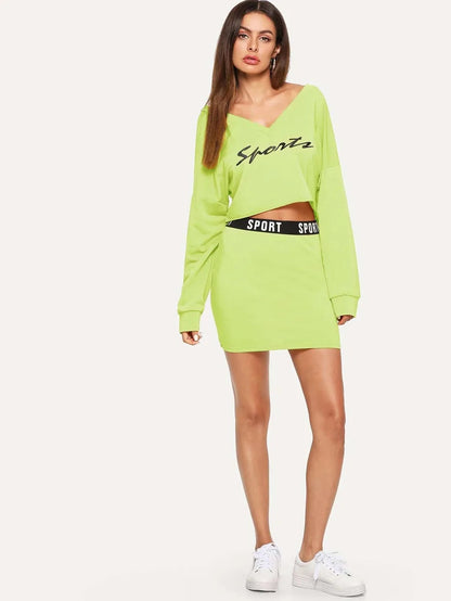 Double V Neckline Letter Pullover and Bodycon Skirt Set Periwinkley Shop