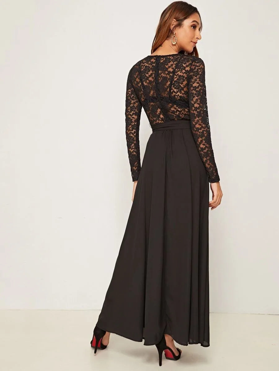 Sheer Lace Bodice Self Belted Flared One Piece Dress Periwinkley Shop