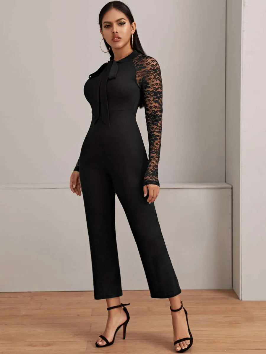 Contrast Lace Tie Neck Solid Jumpsuit Periwinkley Shop