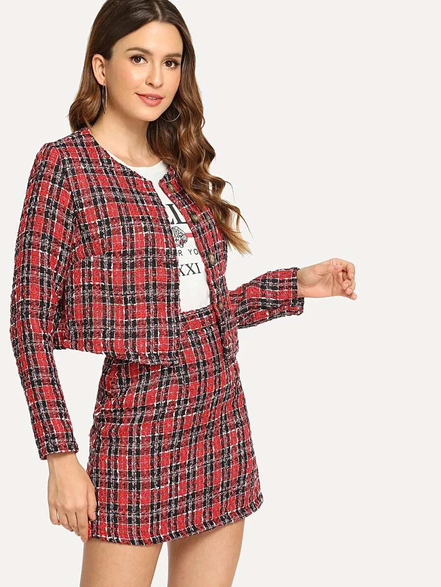 Button Up Plaid Tweed Coat and Skirt Co-ord Periwinkley Shop