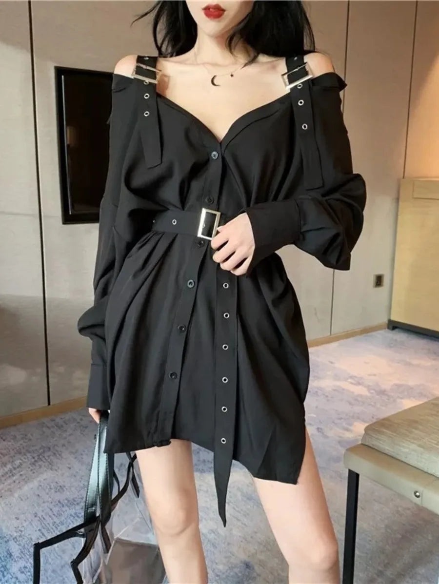 Black Strap Gothic Punk Style Shirt Dress with Belt Periwinkley Shop