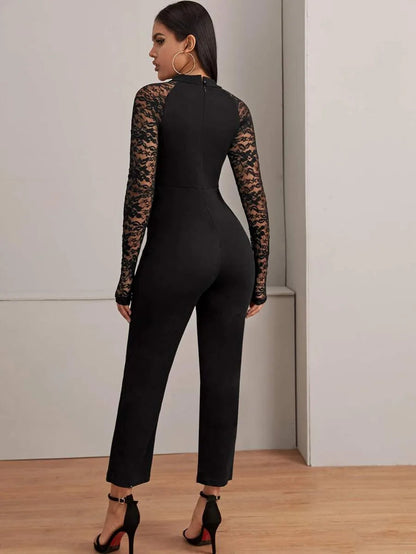 Contrast Lace Tie Neck Solid Jumpsuit Periwinkley Shop
