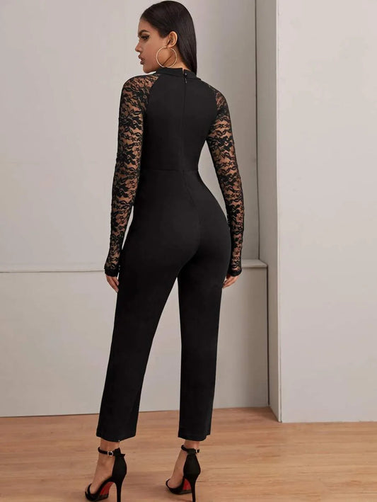 Contrast Lace Tie Neck Solid Jumpsuit Periwinkley Shop