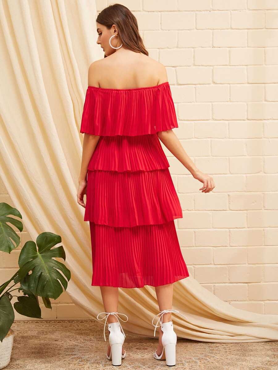 Foldover Front Off Shoulder Layered Pleated Dress Periwinkley Shop