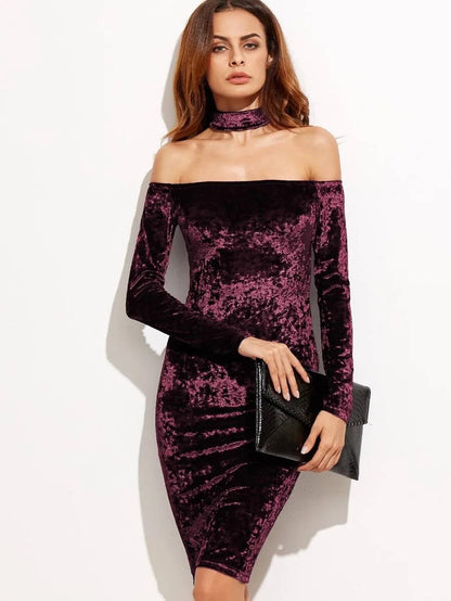 Off Shoulder Crushed Dress With Choker Periwinkley Shop